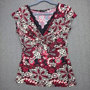 Jonden Womens Red Black Paisley Lace Trim Twist Front V-Neck Short Sleeve Top